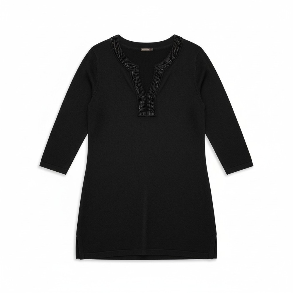 J McLaughlin Top Womens Large Julie Jeweled Beaded Y Neck 3/4 Sleeves Knit Black